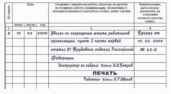 запись в трудовой уволен по сокращению штата работников