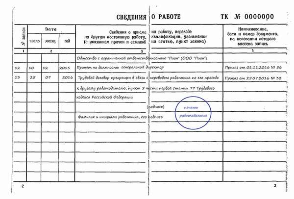 Запись в трудовой директора об увольнении переводом