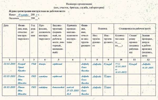 образец заполненного журнала стажировки на рабочем месте