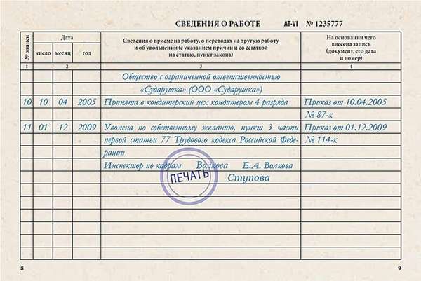 Трудовая книжка с записью об увольнении